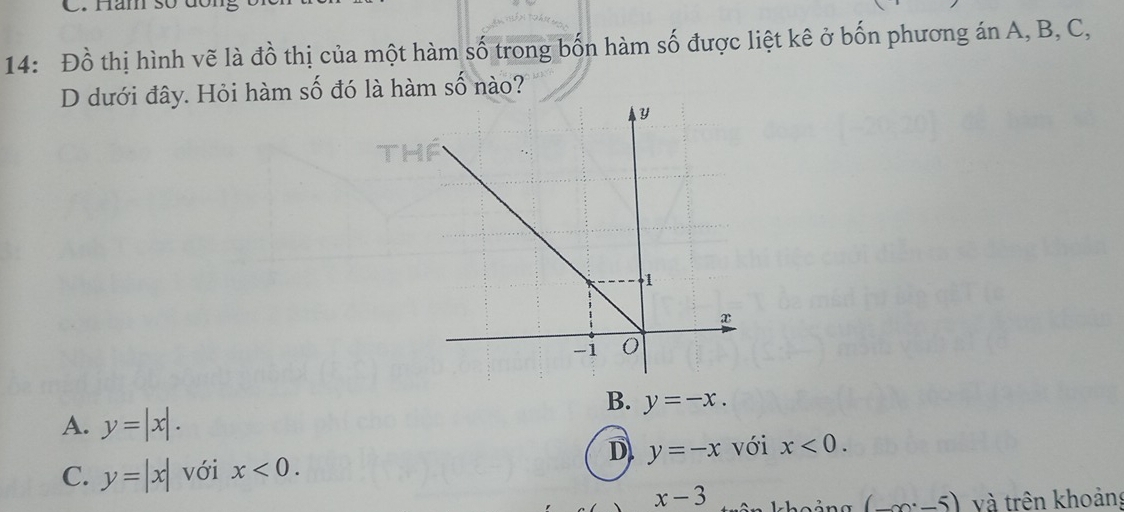 Hăm số đông
14: Đồ thị hình vẽ là đồ thị của một hàm số trong bốn hàm số được liệt kê ở bốn phương án A, B, C,
D dưới đây. Hỏi hàm số đó là hàm số nào?
B. y=-x.
A. y=|x|.
D y=-x với
C. y=|x| với x<0</tex>. x<0</tex>.
x-3 khoảng (_ )5endpmatrix và trên khoảng