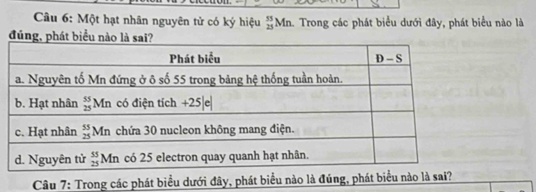 Một hạt nhân nguyên tử có ký hiệu _(25)^(55)Mn 1. Trong các phát biểu dưới đây, phát biểu nào là
đúng, phát biểu
Câu 7: Trong các phát biểu dưới đây, phát biểu nào là đúng, phát biểu nào là sai?