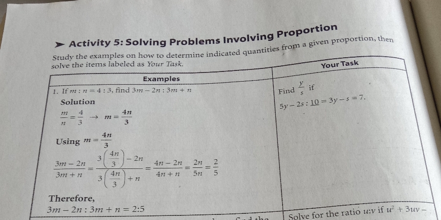 Activity 5: Solving Problems Involving Proportion
s from a given proportion, then
Solve for the ratio