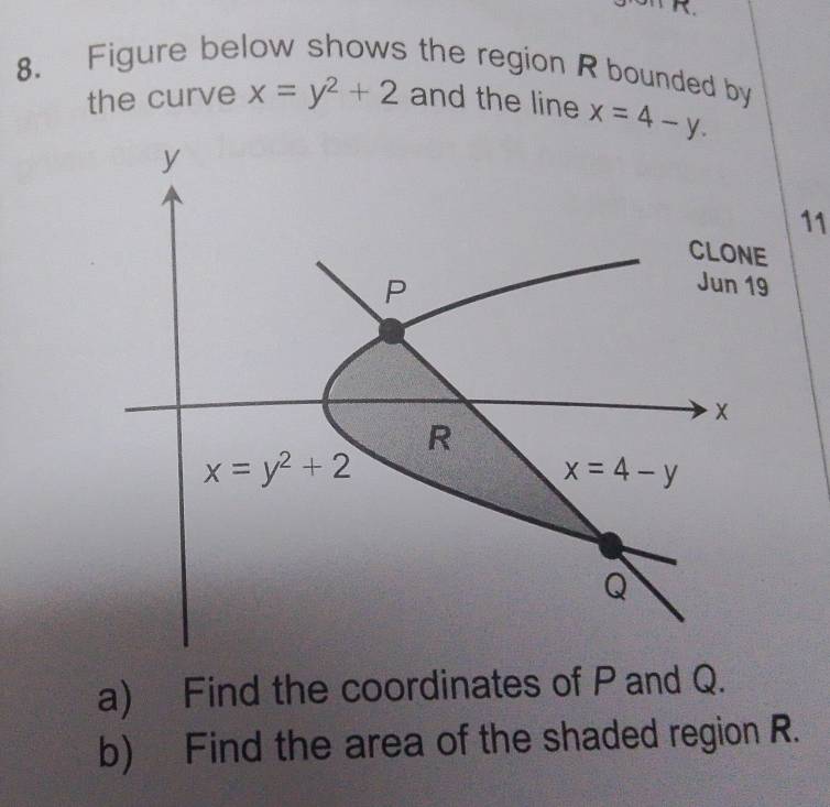 Figure below shows the region R bounded by
the curve x=y^2+2 and the line x=4-y.
11
a) Find the coordinates of P and Q.
b) Find the area of the shaded region R.