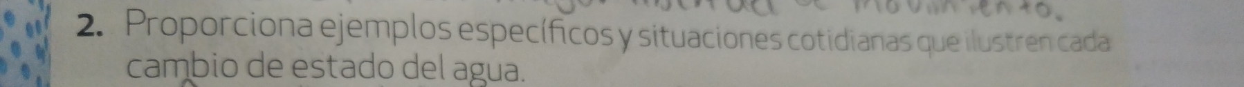 Proporciona ejemplos específicos y situaciones cotidianas que ilustren cada 
cambio de estado del agua.