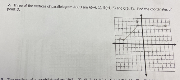 Three of the vertices of parallelogram ABCD are A(-4,1), B(-1,5) and 
point D. C(6,5). Find the coordinates of