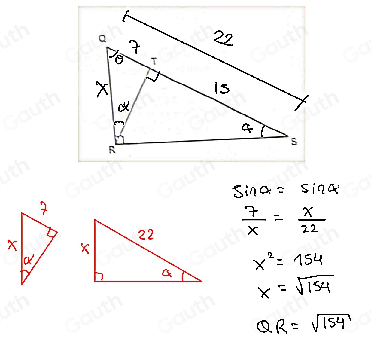 Solved: Right Triangle QRS is shown below. Altitude RT is drawn from R ...