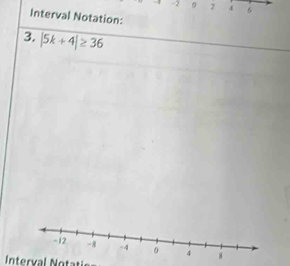 -4 -2 0 2 4 6
Interval Notation: 
3. |5k+4|≥ 36