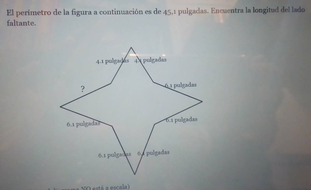 El perímetro de la figura a continuación es de 45, 1 pulgadas. Encuentra la longitud del lado 
faltante. 
NO está a escala)