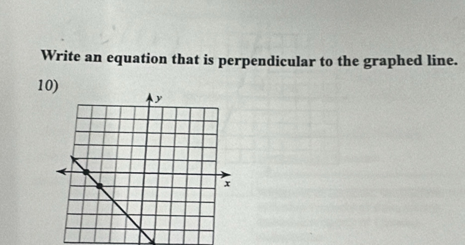 Write an equation that is perpendicular to the graphed line. 
10)