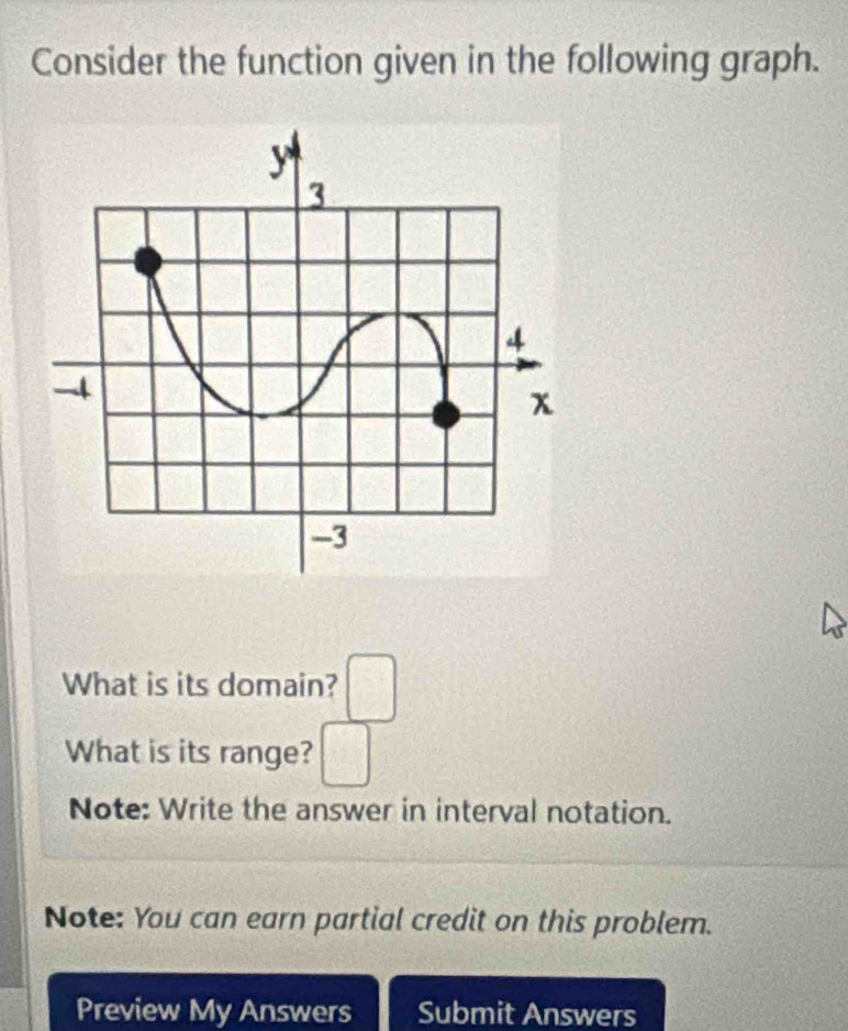 Consider the function given in the following graph. 
What is its domain? □ 
What is its range? □ 
Note: Write the answer in interval notation. 
Note: You can earn partial credit on this problem. 
Preview My Answers Submit Answers