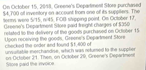 On October 15, 2018, Greene's Department Store purchased
$4,700 of inventory on account from one of its suppliers. The 
terms were 5/15, n/45, FOB shipping point. On October 17, 
Greene's Department Store paid freight charges of $350
related to the delivery of the goods purchased on October 15. 
Upon receiving the goods, Greene's Department Store 
checked the order and found $1,400 of 
unsuitable merchandise, which was returned to the supplier 
on October 21. Then, on October 29, Greene's Department 
Store paid the invoice