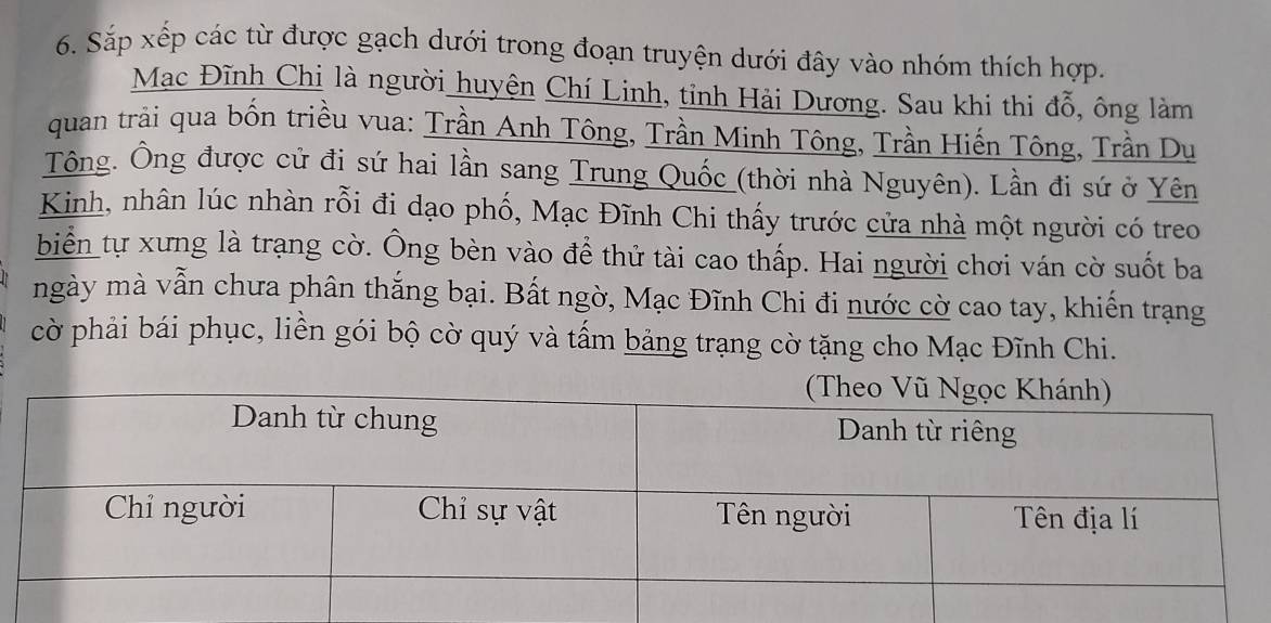 Sắp xếp các từ được gạch dưới trong đoạn truyện dưới đây vào nhóm thích hợp. 
Mạc Đĩnh Chi là người huyện Chí Linh, tỉnh Hải Dương. Sau khi thi đỗ, ông làm 
quan trải qua bốn triều vua: Trần Anh Tông, Trần Minh Tông, Trần Hiến Tông, Trần Du 
Tông. Ông được cử đi sứ hai lần sang Trung Quốc (thời nhà Nguyên). Lần đi sứ ở Yên 
Kinh, nhân lúc nhàn rỗi đi dạo phố, Mạc Đĩnh Chi thấy trước cửa nhà một người có treo 
biển tự xưng là trạng cờ. Ông bèn vào để thử tài cao thấp. Hai người chơi ván cờ suốt ba 
ngày mà vẫn chưa phân thắng bại. Bất ngờ, Mạc Đĩnh Chi đi nước cờ cao tay, khiến trạng 
cờ phải bái phục, liền gói bộ cờ quý và tấm bảng trạng cờ tặng cho Mạc Đĩnh Chi.