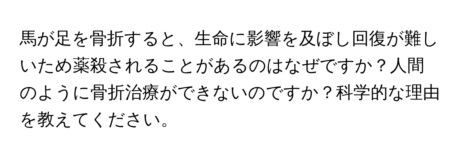 馬が足を骨折すると、生命に影響を及ぼし回復が難しいため薬殺されることがあるのはなぜですか？人間のように骨折治療ができないのですか？科学的な理由を教えてください。