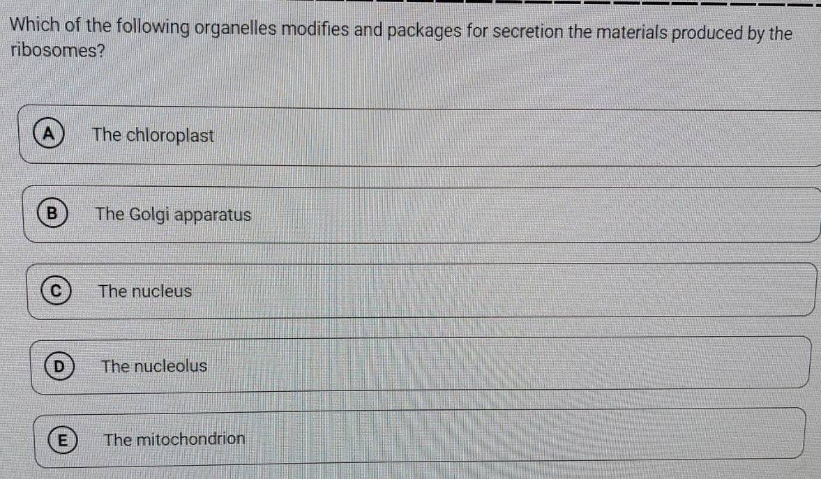 Which of the following organelles modifies and packages for secretion the materials produced by the
ribosomes?
A The chloroplast
The Golgi apparatus
The nucleus
The nucleolus
The mitochondrion