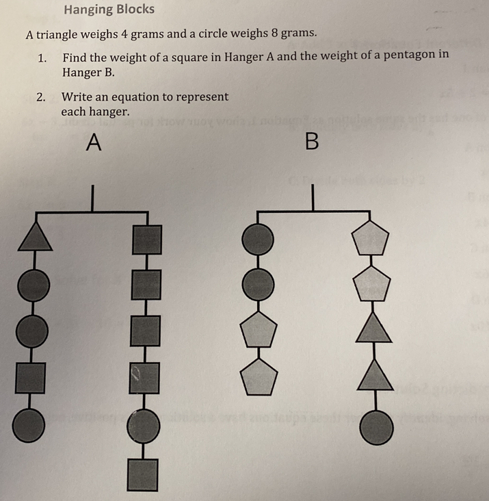 Hanging Blocks 
A triangle weighs 4 grams and a circle weighs 8 grams. 
1. Find the weight of a square in Hanger A and the weight of a pentagon in 
Hanger B. 
2. Write an equation to represent 
each hanger. 
A 
B