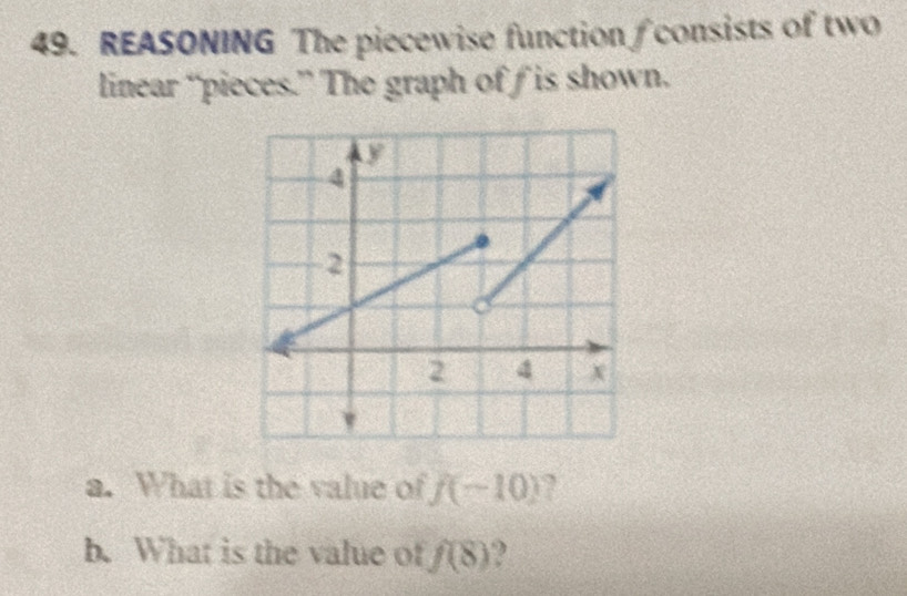 REASONING The piecewise function ∫consists of two 
linear “pieces.” The graph of f is shown. 
a. What is the value of f(-10) a 
b. What is the value of f(8) 2