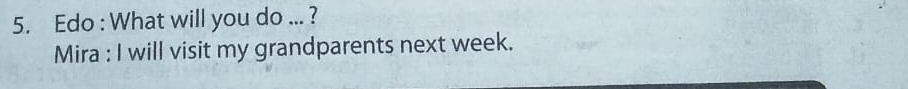 Edo : What will you do ... ? 
Mira : I will visit my grandparents next week.