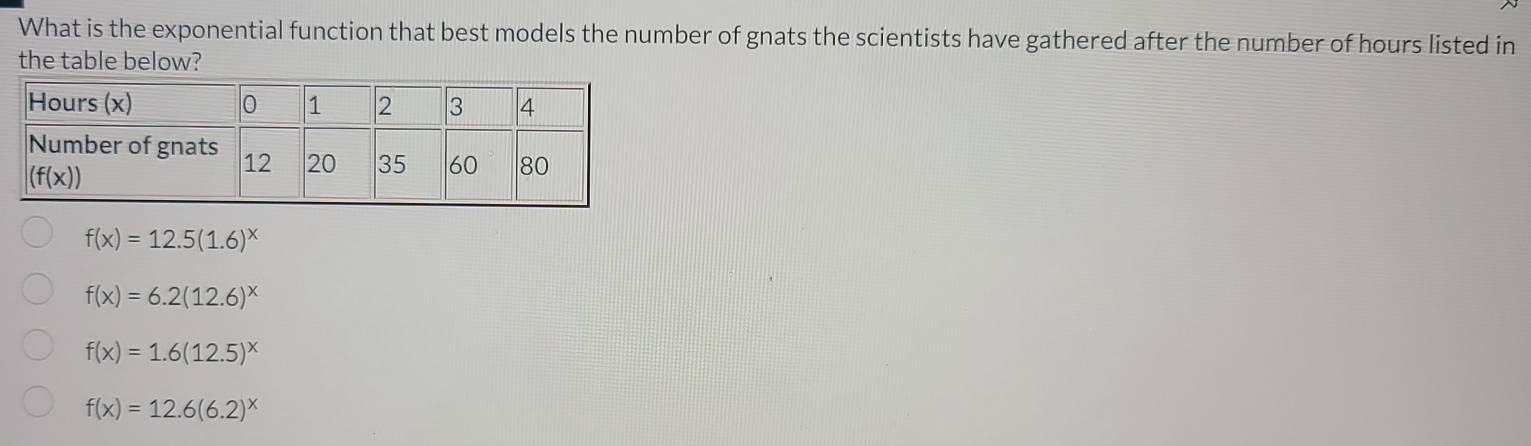 What is the exponential function that best models the number of gnats the scientists have gathered after the number of hours listed in
the table below?
f(x)=12.5(1.6)^x
f(x)=6.2(12.6)^x
f(x)=1.6(12.5)^x
f(x)=12.6(6.2)^x