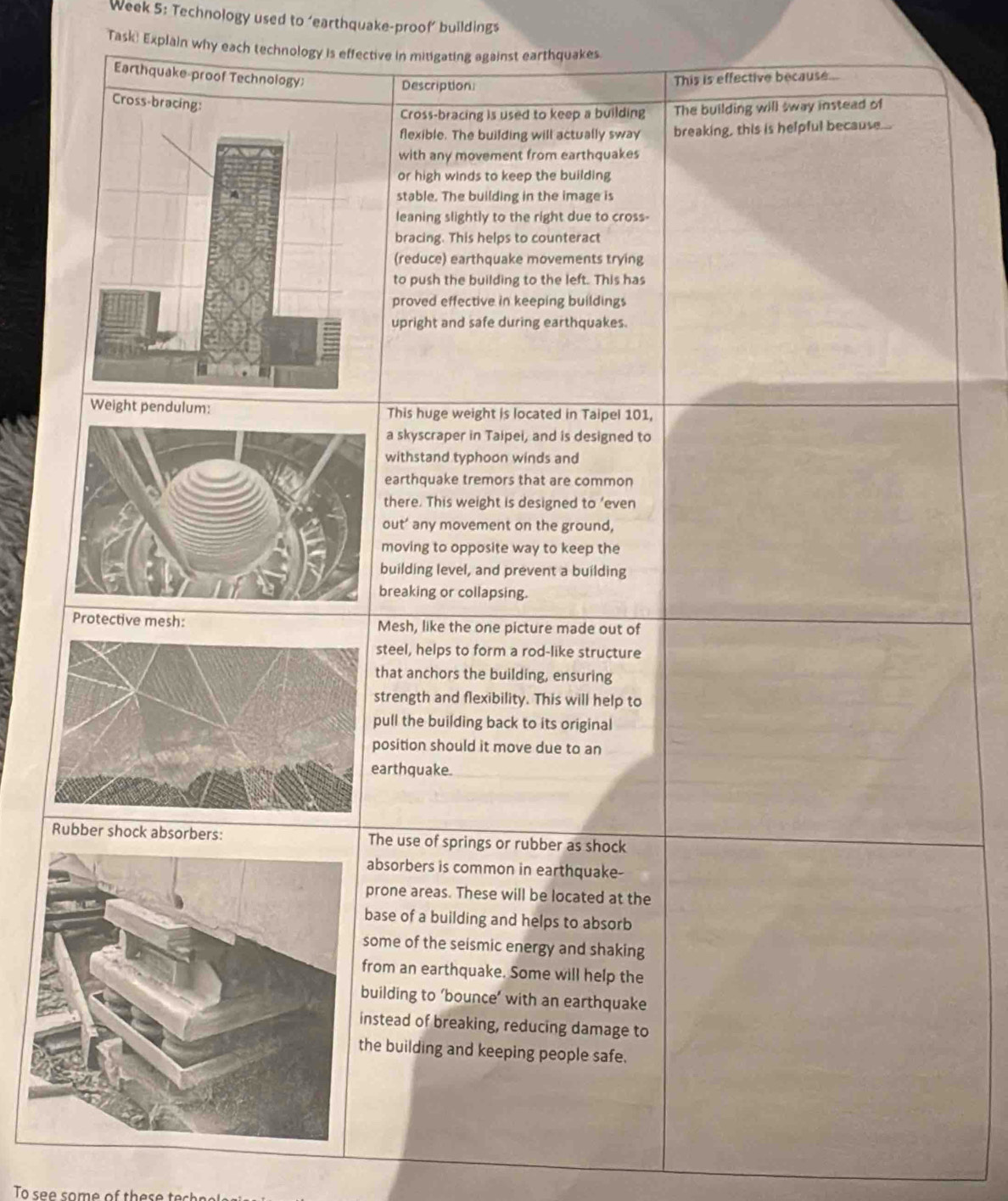 Week 5: Technology used to ‘earthquake-proof’ buildings 
Task Explain why each technology is effective in mitigating against earthquakes 
To see some of these t