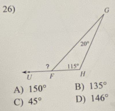 A) 150° B) 135°
C) 45°
D) 146°