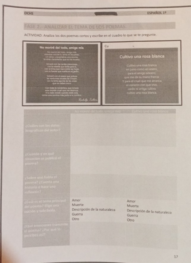 OCHS ESPAÑOL 18
FASE 2.- ANALIZAR EL TEMA DE LOS POEMAS.
ACTIVIDAD: Analiza los dos poemas cortos y escribe en el cuadro lo que se te pregunte.
No moriré del todo, amiga mía Cu
No morró del tase, amiga mils
Cultivo una rosa blanca
Cultivo una rosa blanca
en junio como en enera,
para el amigo sincero.
que me da su mano franca
Y para el cruel que me arranca
el corazón con que vivo,
cardo ní ortiga cultivo
cultivo una rosa blanca.
Rodelfe Tall
to a . ami c a a Cultivo una rosa blanca
C l o
biográficos del autor?
¿Cuándo y en qué
situación se publicó el
poema?
¿Sobre qué habla el
poema? ¿Cuenta una
historia o hace una
reffexión?
C s el tema príncipal Amor
Amor
del poema? Elige una Muerte
Muerte
opción y subráyala, Descripción de la naturaleza Descripción de la naturaleza
Guerra
Guerra
Otro Otro
2Qué émociones transmite
el poema? ¿Por qué lo
percibes asi?
17