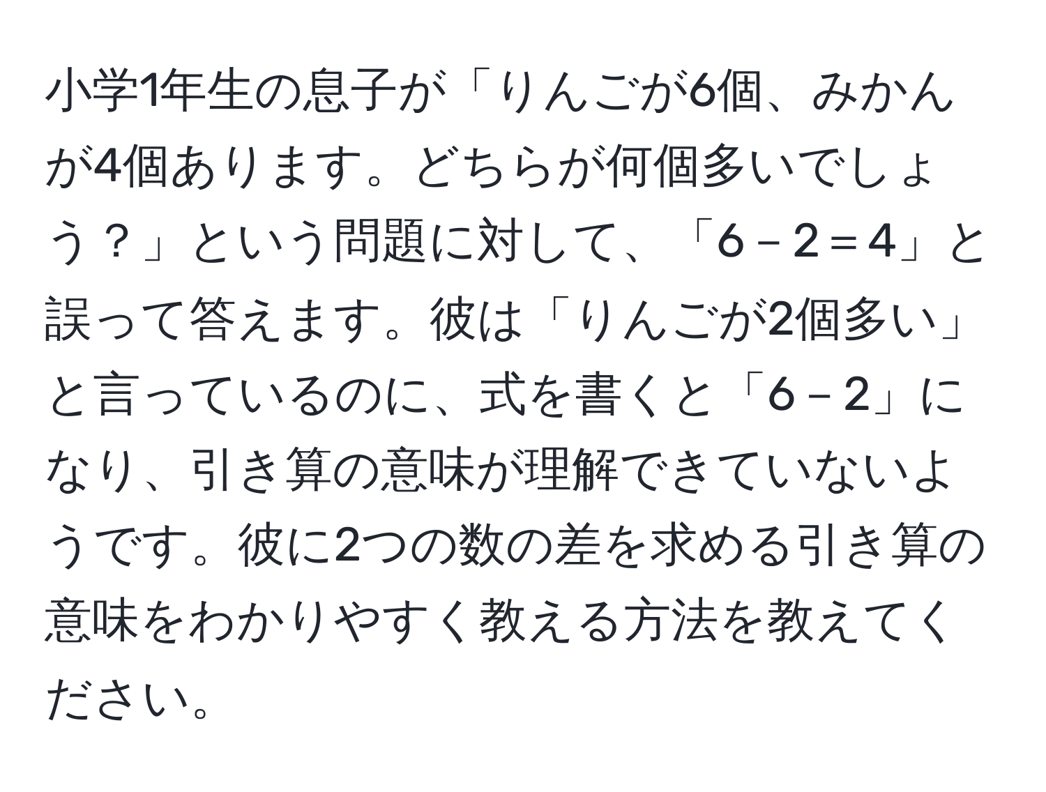 小学1年生の息子が「りんごが6個、みかんが4個あります。どちらが何個多いでしょう？」という問題に対して、「6－2＝4」と誤って答えます。彼は「りんごが2個多い」と言っているのに、式を書くと「6－2」になり、引き算の意味が理解できていないようです。彼に2つの数の差を求める引き算の意味をわかりやすく教える方法を教えてください。