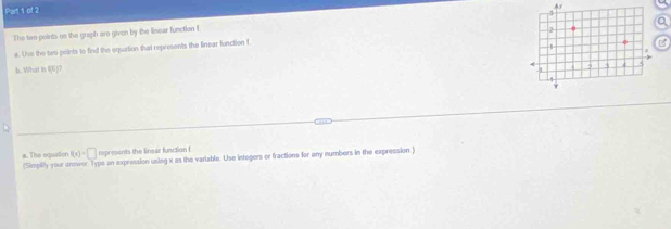 The two points on the graph are given by the linear function f
a. Use the two points to find the oquation that represents the linear function f
b. What in 8(6)? 
70
f(x)=□ represents the linear function f
a. The equaton (Simpily your answer Type an expression usieg x as the variable. Use integers or fractions for any numbers in the expression )