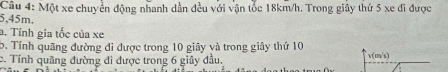 Một xe chuyển động nhanh dần đều với vận tốc 18km/h. Trong giây thứ 5 xe đi được
5,45m. 
a. Tính gia tốc của xe
b. Tính quãng đường đi được trong 10 giây và trong giây thứ 10
c. Tính quãng đường đi được trong 6 giây đầu.
v(m/s)