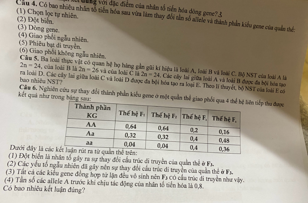 Xừl dung với đặc điểm của nhân tố tiến hóa dòng gene? 3
(1) Chọn lọc tự nhiên.
Cầu 4. Có bao nhiêu nhân tố tiến hóa sau vừa làm thay đổi tần số allele và thành phần kiểu gene của quần thể:
(2) Đột biển.
(3) Dòng gene.
(4) Giao phối ngẫu nhiên.
(5) Phiêu bạt di truyền.
(6) Giao phối không ngẫu nhiên.
Câu 5. Ba loài thực vật có quan hệ họ hàng gần gũi kí hiệu là loài A, loài B và loài C. Bộ NST của loài A là
2n=24 , của loài B là 2n=26 và của loài C là 2n=24. Các cây lai giữa loài A và loài B được đa bội hỏa tạo
bao nhiêu NST?
ra loài D. Các cây lai giữa loài C và loài D được đa bội hóa tạo ra loại E. Theo lí thuyết, bộ NST của loài E có
Câu 6. Nghiên cứu sự thay đổi thành phần kiểu gene ở một quần thể tiếp thu được
kết quả như trong bảng s
Dưới đây là cá
(1) Đột biến là nhân tố gây ra sự thay đổi cấu trúc di truyền của quần thể ở F_3.
(2) Các yếu tố ngẫu nhiên đã gây nên sự thay đổi cấu trúc di truyền của quần thể ở F_3.
(3) Tất cả các kiểu gene đồng hợp tử lặn đều vô sinh nên F_3 Có cấu trúc di truyền như vậy.
(4) Tần số các allele A trước khi chịu tác động của nhân tố tiến hóa là 0,8.
Có bao nhiêu kết luận đúng?