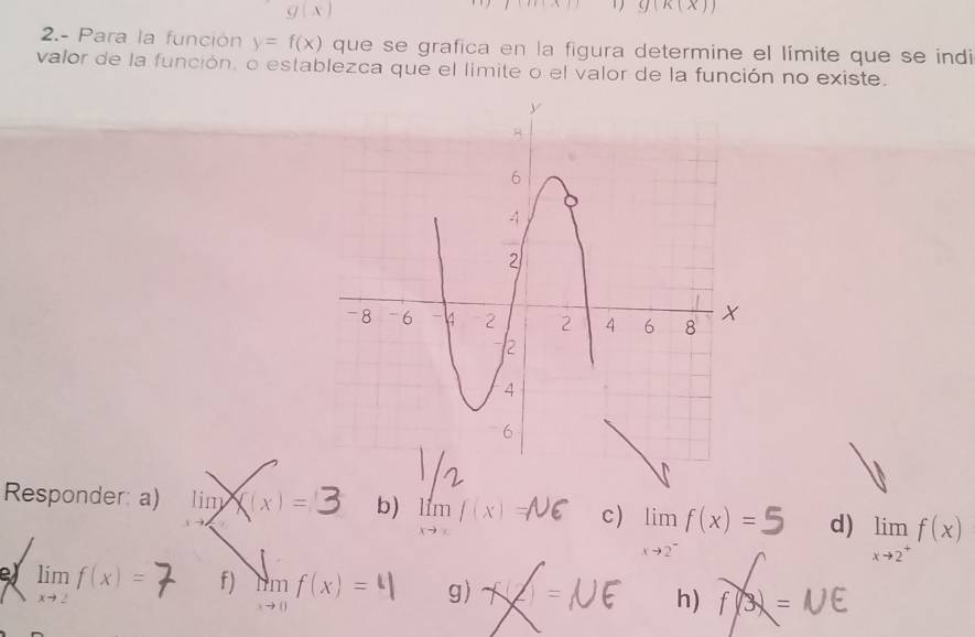 g(x)
[(R)(X)] 1 ) g(k(x))
2.- Para la función y=f(x) que se grafica en la figura determine el límite que se indi 
valor de la función, o establezca que el limite o el valor de la función no existe. 
Responder: a) limx((x)= b) limlimits _xto xf(x)= c) limlimits _xto 2^-f(x)= d) limlimits _xto 2^+f(x)
ey limlimits _xto 2f(x)= f) limlimits _xto 0f(x)= g) +2=
h) f(3 =1