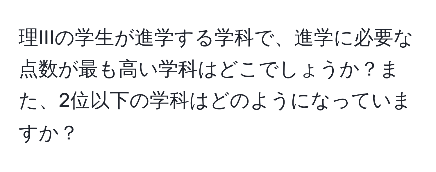 理IIIの学生が進学する学科で、進学に必要な点数が最も高い学科はどこでしょうか？また、2位以下の学科はどのようになっていますか？