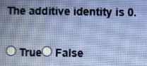 The additive identity is 0.
True False