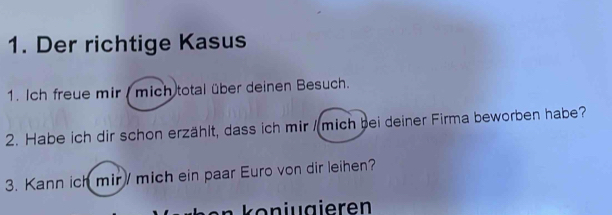 Der richtige Kasus 
1. Ich freue mir / mich total über deinen Besuch. 
2. Habe ich dir schon erzählt, dass ich mir /mich bei deiner Firma beworben habe? 
3. Kann ich mir / mich ein paar Euro von dir leihen? 
en ko n jug ier en