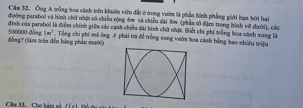 Ông A trồng hoa cảnh trên khuôn viên đất ở trong vườn là phần hình phẳng giới hạn bởi hai 
đường parabol và hình chữ nhật có chiều rộng 6m và chiều dài 8m (phần tô đậm trong hình vẽ dưới), các 
đình của parabol là điểm chính giữa các cạnh chiều dài hình chữ nhật. Biết chi phí trồng hoa cảnh xong là
500000 đồng 1m^2. Tổng chi phí mà ông A phải trả đề trồng xong vườn hoa cảnh bằng bao nhiêu triệu 
đồng? (làm tròn đến hàng phần mười) 
Câu 33. Cho hàm số f(x) Đồ thị