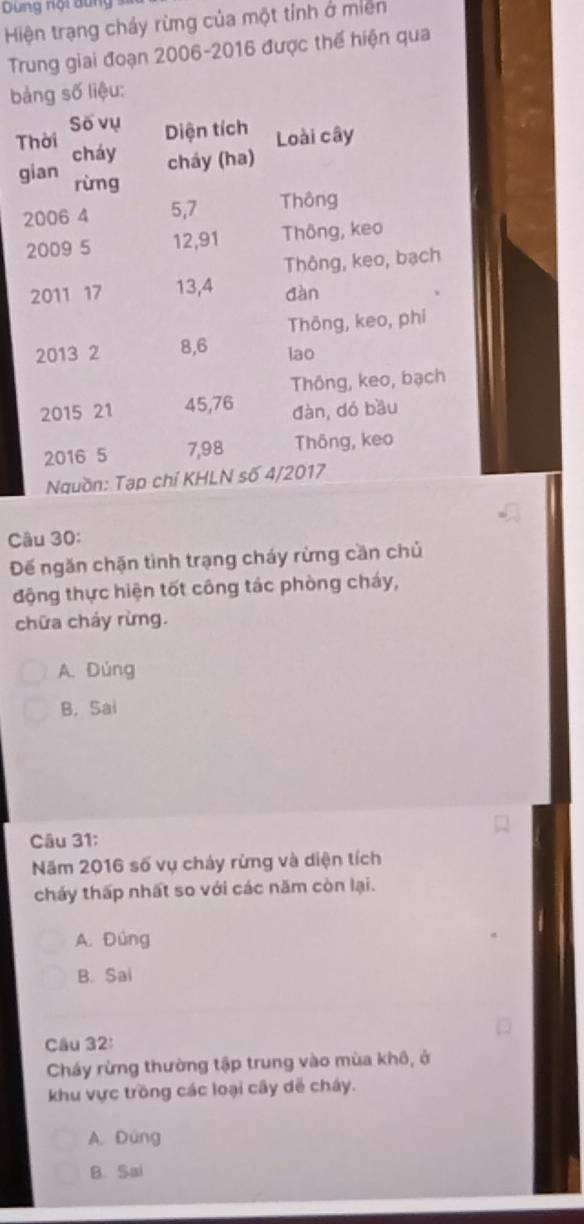 Dùng nội dung 
Hiện trạng cháy rừng của một tỉnh ở miền
Trung giai đoạn 2006-2016 được thể hiện qua
bảng số liệu:
Thời Số vụ Diện tích Loài cây
gian cháy cháy (ha)
rừng
2006 4 5, 7 Thông
2009 5 12, 91 Thông, keo
Thông, keo, bạch
2011 17 13, 4 đàn
Thông, keo, phi
2013 2 8, 6 lao
Thông, keo, bạch
2015 21 45, 76 đàn, dó bầu
2016 5 7,98 Thông, keo
Nguồn: Tạp chỉ KHLN số 4/2017
Câu 30:
Đế ngăn chặn tình trạng cháy rừng cần chủ
động thực hiện tốt công tác phòng cháy,
chữa cháy rừng.
A. Dúng
B. Sai
Câu 31:
Năm 2016 số vụ cháy rừng và diện tích
cháy thấp nhất so với các năm còn lại.
A. Đúng
B. Sai
Câu 32:
Cháy rừng thường tập trung vào mùa khô, ở
khu vực trồng các loại cây dễ cháy.
A. Đùng
B. Sai