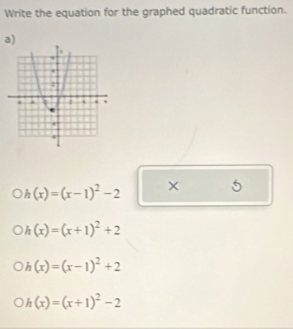 Write the equation for the graphed quadratic function.
a)
h(x)=(x-1)^2-2
5
h(x)=(x+1)^2+2
h(x)=(x-1)^2+2
h(x)=(x+1)^2-2