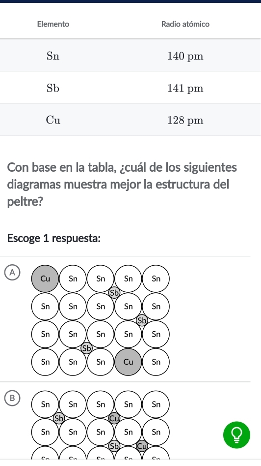 Con base en la tabla, ¿cuál de los siguientes
diagramas muestra mejor la estructura del
peltre?
Escoge 1 respuesta:
A
B