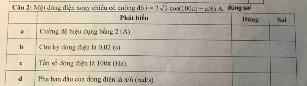 Một dòng điện xoay chiều có cường độ i=2sqrt(2)cos (100π t+π /6)A đúng sai