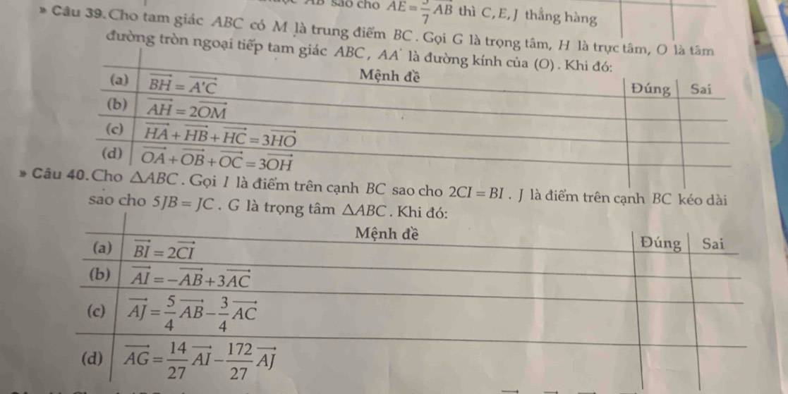 AB são cho AE= 3/7 vector AB thì C,E, J thẳng hàng
Câu 39. Cho tam giác ABC có M là trung điểm BC . Gọi G là trọng tâm, H là trực tâm, O là tâm
đường tròn ngoại tiếp tam giá
Ccạnh BC sao cho 2CI=BI. J là điểm trên cạnh BC kéo dài
sao cho 5JB=JC. G là trọng tâm △ ABC