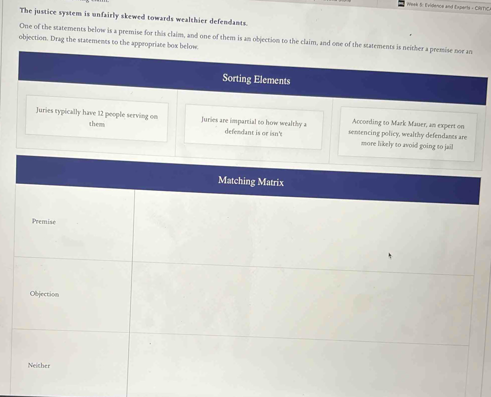 Week 5: Evidence and Experts - CRITIC.
The justice system is unfairly skewed towards wealthier defendants.
One of the statements below is a premise for this claim, and one of them is an objection to the claim, and one of the statements is neither a premise nor an
objection. Drag the statements to the appropriate box below.
Sorting Elements
Juries typically have 12 people serving on Juries are impartial to how wealthy a According to Mark Mauer, an expert on
them defendant is or isn't sentencing policy, wealthy defendants are
more likely to avoid going to jail
Matching Matrix
Premise
Objection
Neither