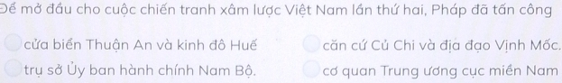 Để mở đầu cho cuộc chiến tranh xâm lược Việt Nam lần thứ hai, Pháp đã tấn công
cửa biển Thuận An và kinh đô Huế căn cứ Củ Chi và địa đạo Vịnh Mốc.
trụ sở Ủy ban hành chính Nam Bộ. cơ quan Trung ương cục miền Nam