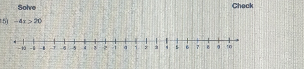 Solve Check 
15) -4x>20