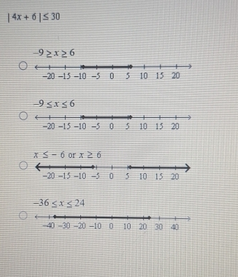 |4x+6|≤ 30
-9≥ x≥ 6
-36≤ x≤ 24