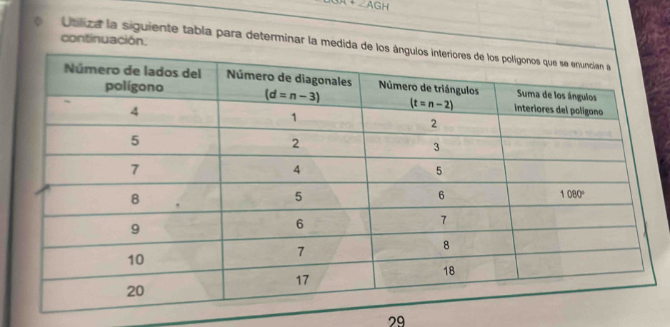 ∠ AGH
continuación.
Unliza la siguiente tabla para determinar la medida de
29