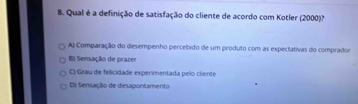 Qual é a definição de satisfação do cliente de acordo com Kotler (2000)?
A) Comparação do desempenho percebido de um produto com as expectativas do comprador
B) Sensação de prazer
C) Grau de felicidade experimentada pelo cliente
D) Sensação de desapontamento