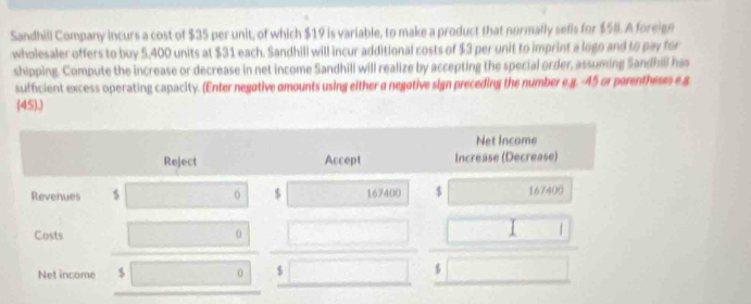 Sandhill Company incurs a cost of $35 per unit, of which $19 is variable, to make a product that normally sells for $58. A foreign 
wholesaler offers to buy 5,400 units at $31 each. Sandhili will incur additional costs of $3 per unit to imprint a logo and to pay for 
shipping. Compute the increase or decrease in net income Sandhili will realize by accepting the special order, assuming Sandhill has 
sufficient excess operating capacity. (Enter negative amounts using either a negative sign preceding the number e.g. -45 or parentheses e g 
(45).)