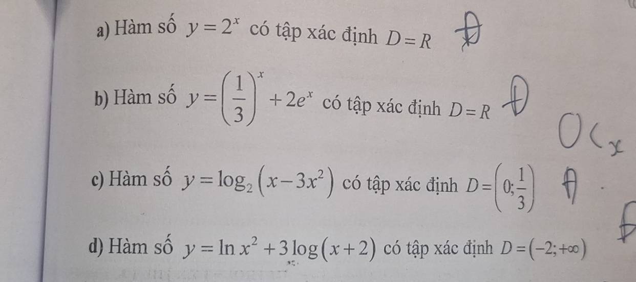 Hàm số y=2^x có tập xác định D=R
b) Hàm số y=( 1/3 )^x+2e^x có tập xác định D=R
c) Hàm số y=log _2(x-3x^2) có tập xác định D=(0; 1/3 )
d) Hàm số y=ln x^2+3log (x+2) có tập xác định D=(-2;+∈fty )