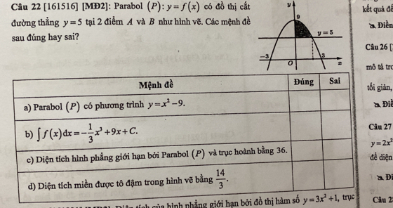 [161516] [MĐ2]: Parabol (P): ):y=f(x) có đồ thị cắt
đường thẳng y=5 tại 2 điểm A và B như hình vẽ. Các mệnh đềkết quả để
T Điền
sau đúng hay sai? Câu 26 [
mô tả trc
ản,
Điễ
27
ện
Di
Tah của hình phẳng giới hạn bởi đồ thị hà 2