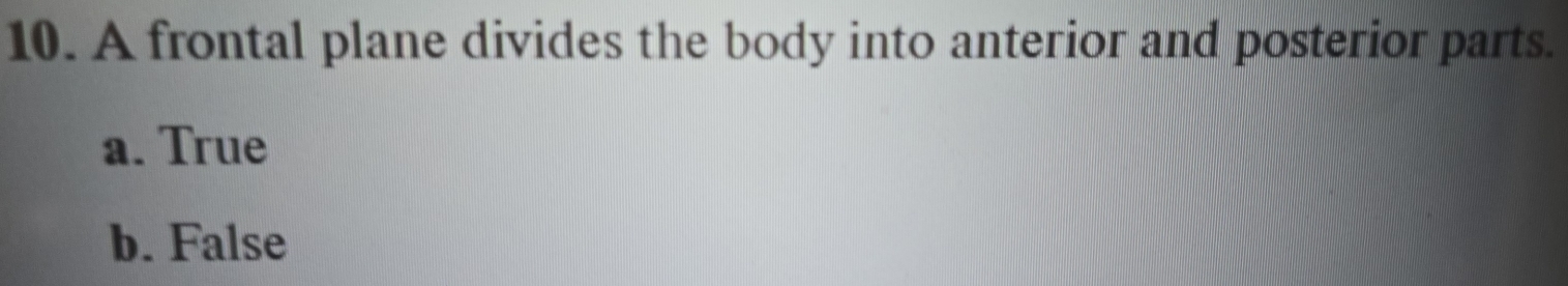 Solved: A frontal plane divides the body into anterior and posterior ...