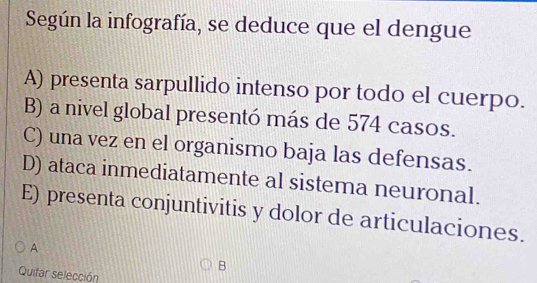 Según la infografía, se deduce que el dengue
A) presenta sarpullido intenso por todo el cuerpo.
B) a nivel global presentó más de 574 casos.
C) una vez en el organismo baja las defensas.
D) ataca inmediatamente al sistema neuronal.
E) presenta conjuntivitis y dolor de articulaciones.
A
B
Quitar selección