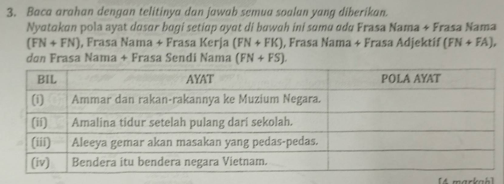 Baca arahan dengan telitinya dan jawab semua soalan yang diberikan. 
Nyatakan pola ayat dusɑr bagi setip oyɑt di bawah ini sɑma ɑdq Frasa Nama + Frasa Nama
(FN+FN) , Frasa Nama + Frasa Kerja (FN+FK) , Frasa Nama + Frasa Adjektif (FN+FA), 
dɑn Frasa Nama + Frasa Sendi Nama (FN+FS). 
[4 markah]