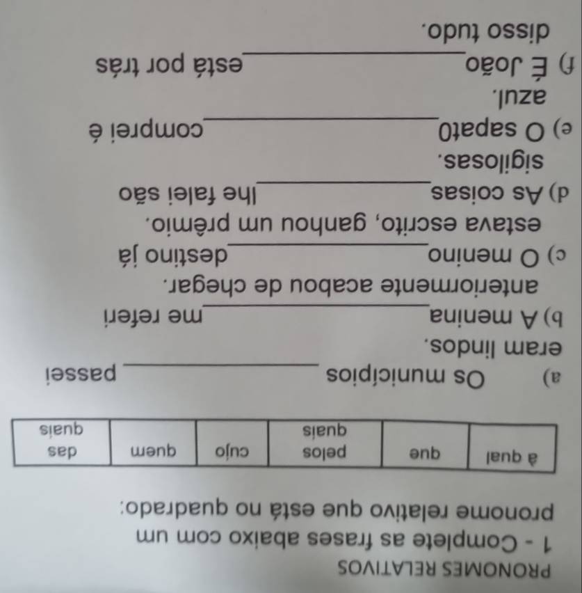 PRONOMES RELATIVOS 
1 - Complete as frases abaixo com um 
pronome relativo que está no quadrado: 
a) Os municípios _passei 
eram lindos. 
b) A menina_ me referi 
anteriormente acabou de chegar. 
c) O menino_ destino já 
estava escrito, ganhou um prêmio. 
d) As coisas_ Ihe falei são 
sigilosas. 
e) O sapat0_ comprei é 
azul. 
f) É João_ está por trás 
disso tudo.