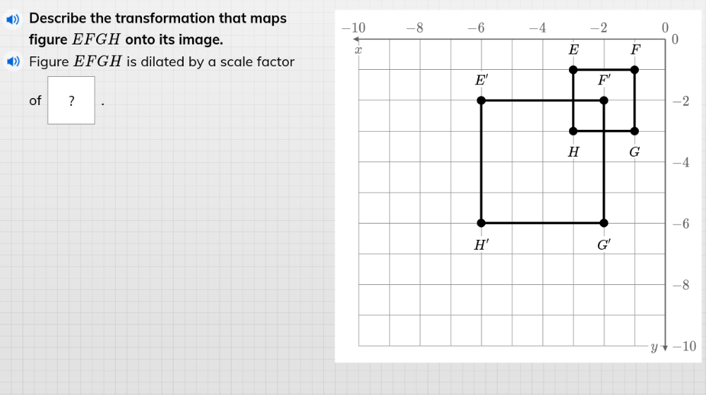 》 Describe the transformation that maps 
figure EFGH onto its image.
》 Figure EFGH is dilated by a scale factor
of ？